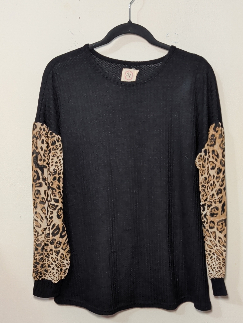 Grace & Emma Black Waffle Knit Blouse Sheer Leopard Print Sleeves Women's Size S